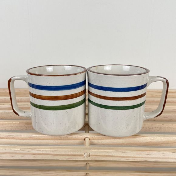 Vintage Set of 2 Chi Kiang Otagiri Striped Stoneware Pottery Coffee Mugs 8 oz - Picture 1 of 6